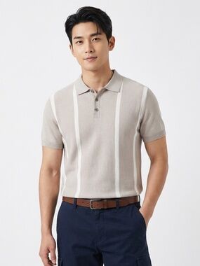 Men's Striped Knit Polo Shirt – Beige – Medium